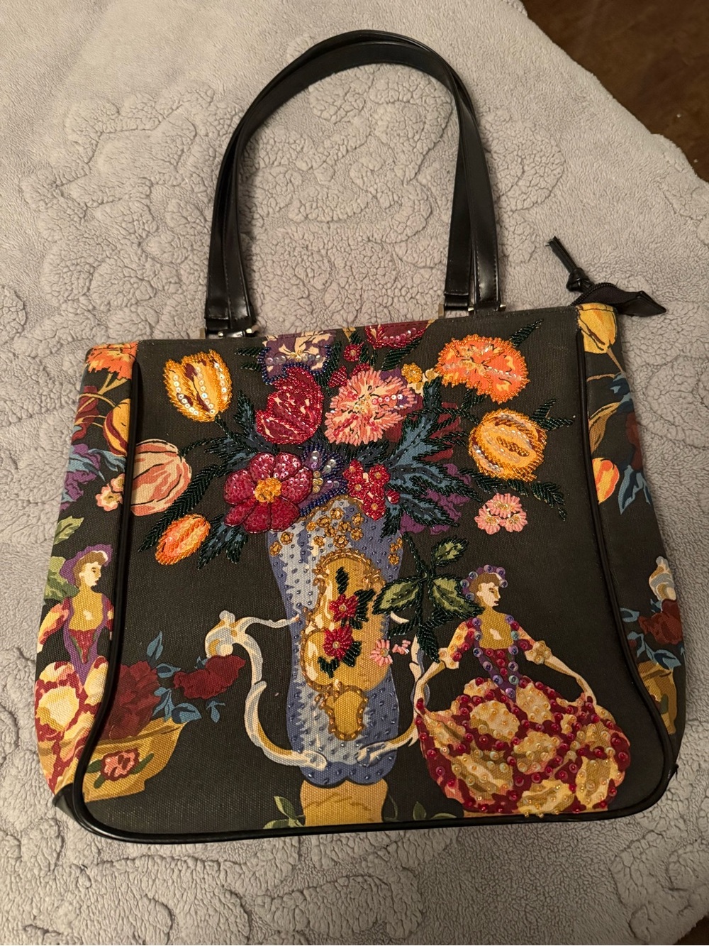 Floral Embroidered Black Tote Bag with Beaded Accents
